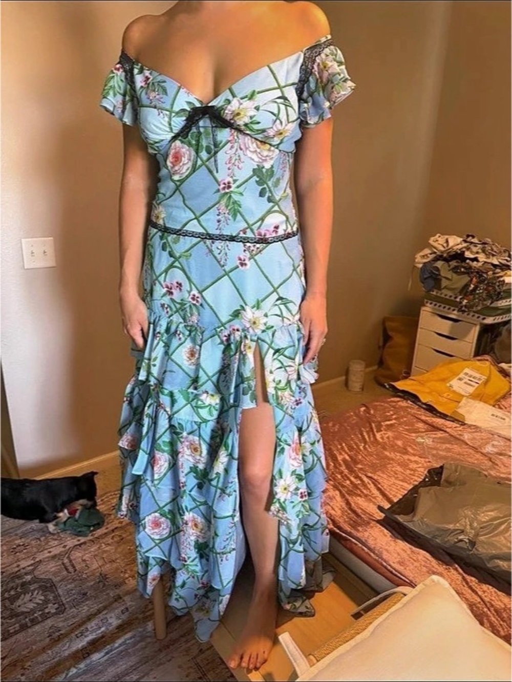 For Love & Lemons Audrey Floral Maxi Dress Blue & Pink